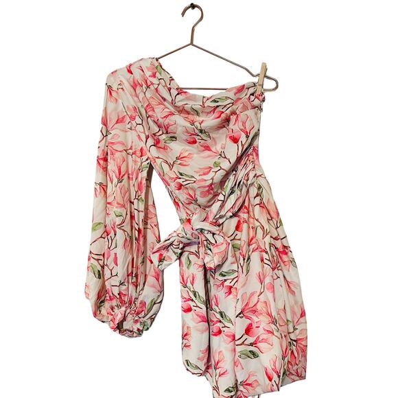 BRONX AND BANCO Layla Floral Pink White One Shoulder Silk Bow Mini Dress Size S - Picture 6 of 14